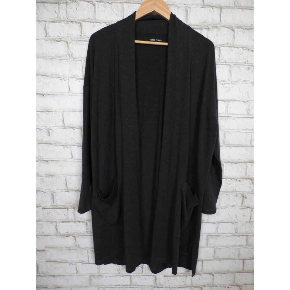 $248 Eileen Fisher Charcoal Tencel Open Front Cardigan with Pockets Small NEW